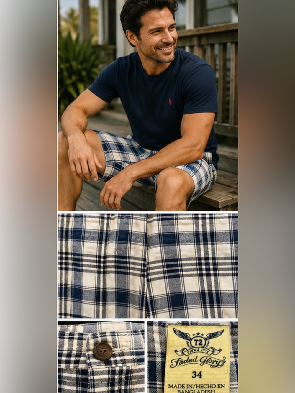 Faded Glory Plaid Cargo Shorts Men’s Size 34 Blue White 100% Cotton